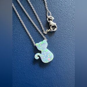 New wo tags 14K White Gold White Opal Cat Pendant- 16”